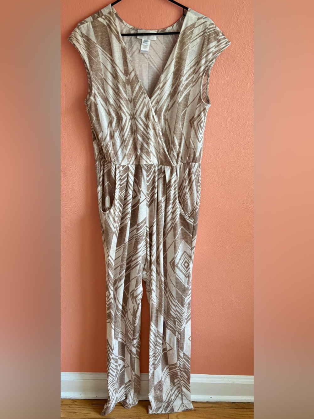 Corey Lynn Calter Taupe and Cream Geometric Wrap Jumpsuit